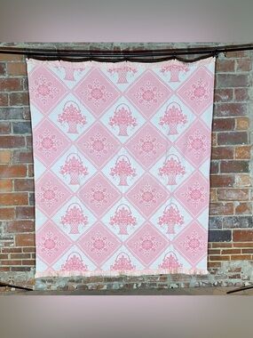 Vintage Pink Floral/Flower Basket Camp Blanket 65” x 78”Satin Trim